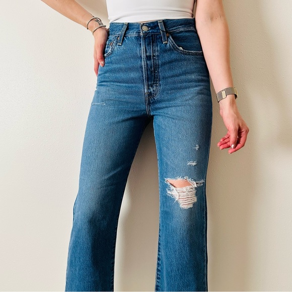 New Levi's premium Ribcage Straight Ankle Jeans denim blue distressed - Picture 7 of 7